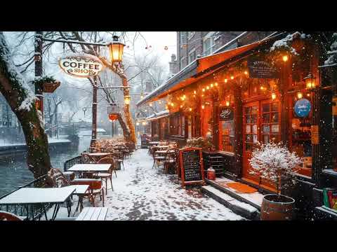 Winter Jazz with Gentle Snowfall - Smooth Jazz at Cozy Outdoor Coffee Shop Ambiance by The River