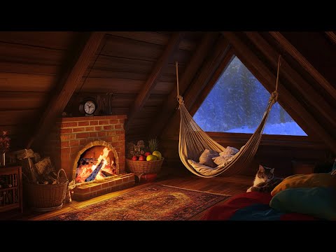 Snowstorm Sounds While Sleeping in a Log Cabin | Snow Wind Sounds with Fireplace Crackling