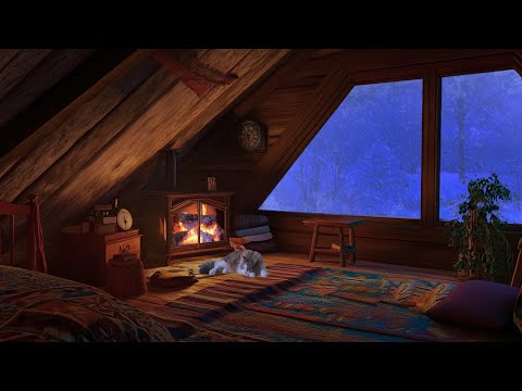 Calming Cozy Winter Ambience - Fireplace Sounds and Snowfall with a Sleeping Cat