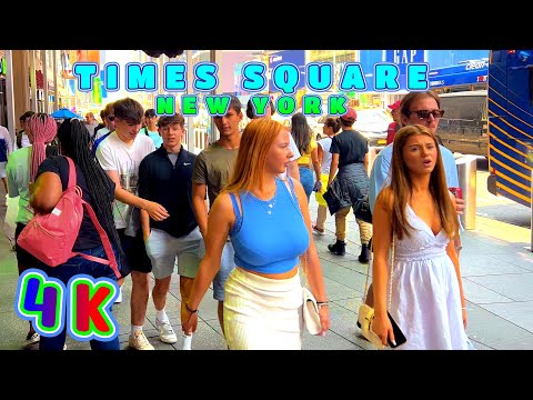 Quick Times Square Walk on a Warm Day, New York USA 4K - UHD