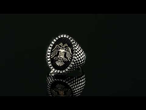 Albanian Kosovo Double Headed Eagle Ring - Mens Real Solid 925 Sterling Silver Ring