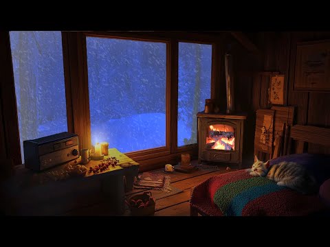 Blizzard Outside, Serene Winter Nights | Cozy Crackling Fire & Snowstorm Sounds for Deep Relaxation