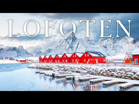 Lofoten 4K Winter Beauty - Snowy Peaks, Icy Seas and Charming Red Cabins - Piano Relaxing