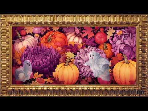 Moving Ghosts In Painting, Pumpkin and Flowers Halloween Artwork | Framed Art Screensaver for TV