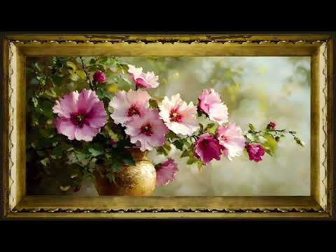 Korean Rose Mugunghwa Flowers, Rustic Vintage Oil Painting | Gold Framed Art Screensaver for TV