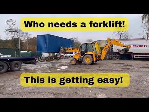 JCB 3cx unloading a 20ft shipping container with ease