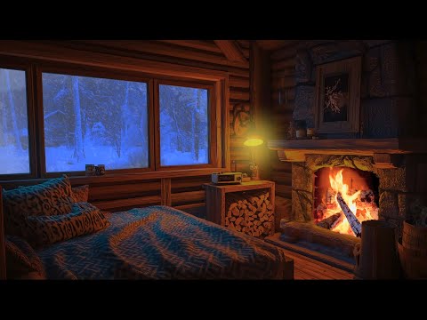 Winter Storm and Fireplace Sounds for Sleep, Relax, Insomnia Stress Relief in a Cozy Winter Cabin