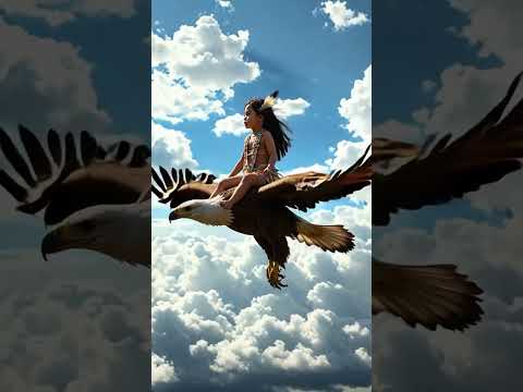 A magical, surreal moment: a baby girl rides a majestic eagle through the sky.