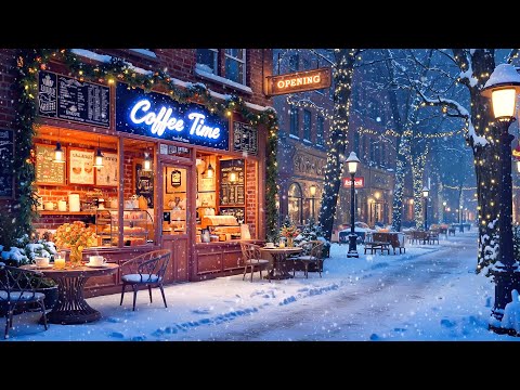 Winter Day at Coffee Shop Ambience on Street ❄️ Snow Falling, Cozy Atmosphere & Relaxing Jazz Music