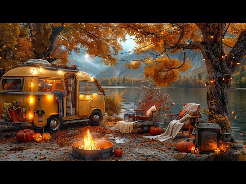 Soft Jazz Guitar Music 🍂 Autumn Lakeside Ambience ~ Warm Jazz Music & Falling Autumn Leaves