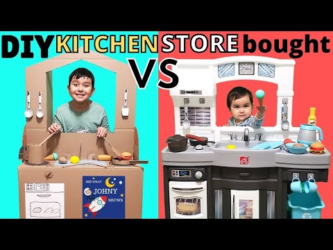 DIY Play Kitchen VS Store Bought Play kitchen Pretend Play Sibling Rivalry Cardboard Toy Kitchen