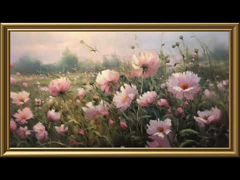 Vintage Peony Meadow Painting | Gold Frame TV Art | Art Screensaver for TV 2 Hrs