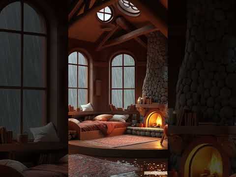 Charming Cabin With Fireplace #relax #cabinambience #fireplace #rain #rainsounds #peace