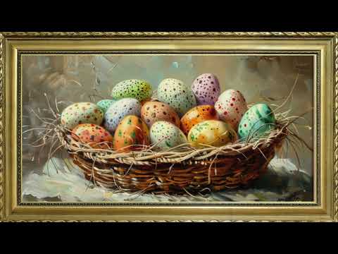 EASTER EGG BASKET FREE TV ART WALLPAPER SCREENSAVER BACKGROUND VINTAGE FRAMED TV ART OIL PAINTING