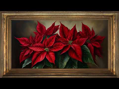 Red Poinsettia Christmas Festive Flower Oil Painting | Framed Art Screensaver for TV