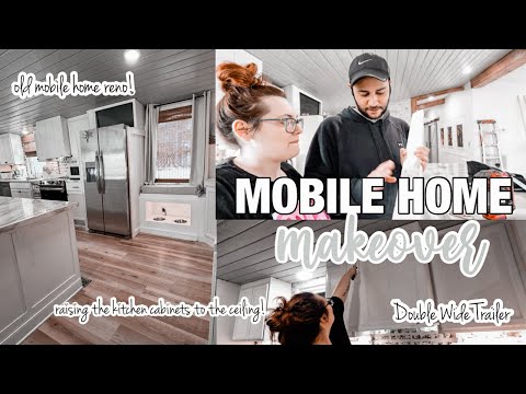 EXTREME DOUBLE WIDE KITCHEN REMODEL | raising the kitchen cabinets + new blinds | mobile home reno