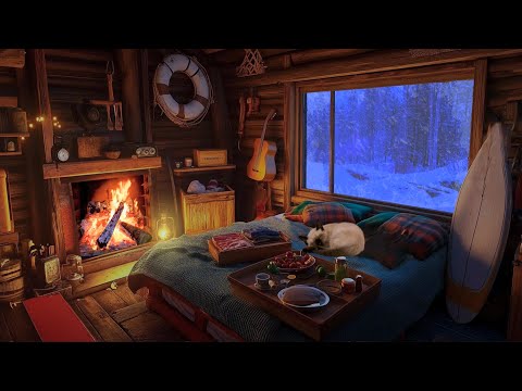 Fireplace Crackling & Relaxing Blizzard for Sleep, Relax, Study | Snowstorm Sounds at a Winter Hut