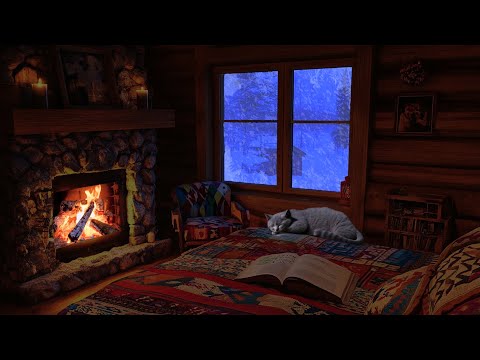 Winter Fireplace Atmosphere - Snowstorm Sounds While Sleeping in a Cozy Hut with Cat