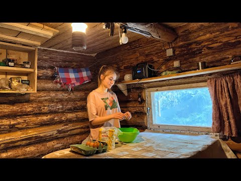 Weekend in the TAIGA with a GIRL IN A LOG CABIN , frying meat on a wooden grill, ASMR