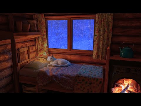 Relaxing Blizzard for Sleep, Relax, Study | Snowstorm Sounds with Fireplace Crackling, Cat Relax