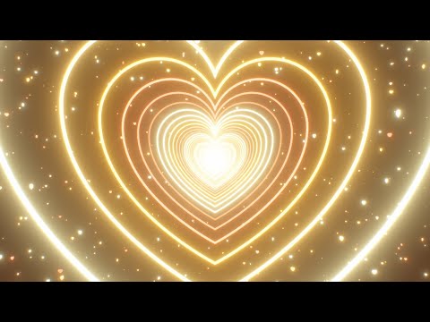 Flying Through Gold Glowing Neon Heart Rings And Sparkling Mini Stars 4K UHD 60fps 1 Hour Video Loop