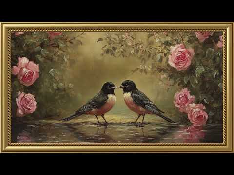 Vintage Couple Birds Valentine's Day | Gold Frame TV Art | Art Screensaver for TV 2 Hrs