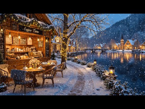 White Snow at Outdoor Lakeside Coffee Shop Ambience with Soft Winter Jazz Music for Relax, Study ☕