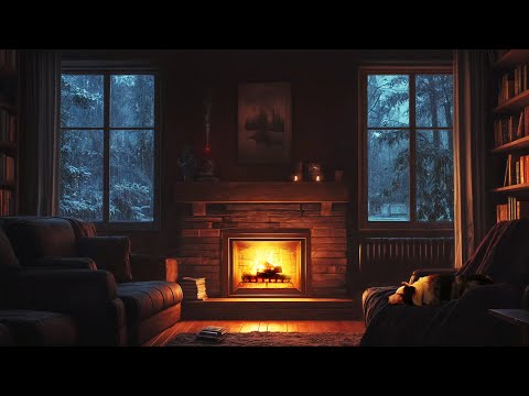 Thunderstorm with Lightning, Rain, Crackling Fireplace & Sleeping Dog in a Cozy Cabin