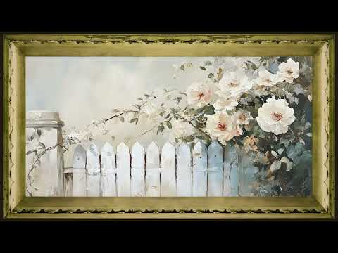 White Flowers Over the Fence, Vintage Impressionist Oil Painting | Framed Art Screensaver for TV