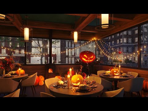 Halloween Coffee Shop Ambience with Jazz Music | Jazz Music and Rain Sounds | Halloween Night