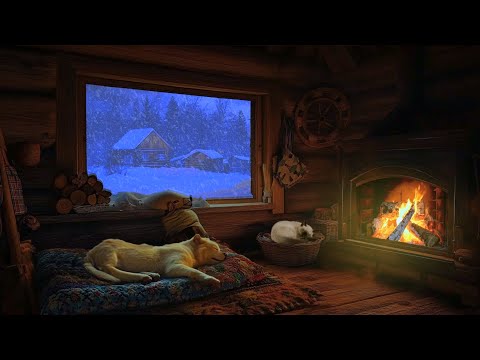 Snowfall by the Window | Fireplace Crackling, Wind and Blizzard Sounds for Sleep