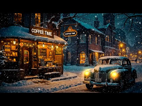 Winter Coffee Shop Ambience with Soft Jazz Piano Music & Snow Falling for Stress Relief, Relaxing