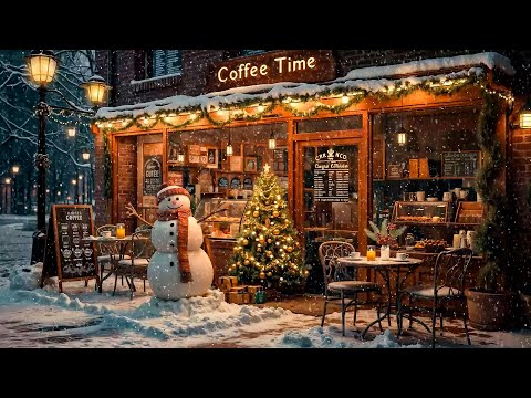 Warm Jazz & Snowfall at Winter Coffee Shop Ambience ~ Soft Jazz Piano Music for Stress Relief