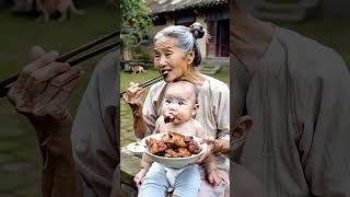 Grandma's daily feeding! Grandma and great-grandson, family joy, garden, warm picture, little fat