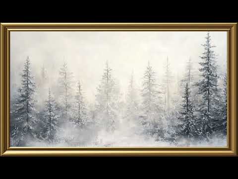 Vintage Snow-capped Pine Forest Painting | Gold Frame TV Art | Art Screensaver for TV 2 Hrs