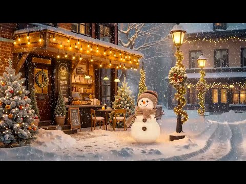 Relaxing Winter Jazz at Outdoor Coffee Shop Ambience ~ Soft Jazz Music & Snowfall for Good Mood