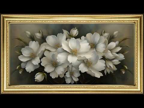 White Flowers in Spring, Vintage Oil Painting | Gold Framed Art Screensaver for TV