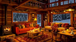 ❄️ Winter Night in Cozy Cabin Ambience with Soft Jazz Music & Fireplace Sounds for Relaxation