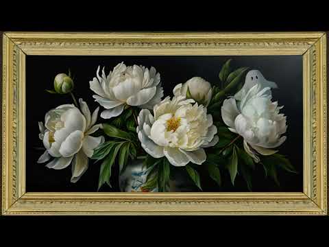 White Peony Flowers Still Life Painting with Playful Ghosts | Framed Art Screensaver for TV