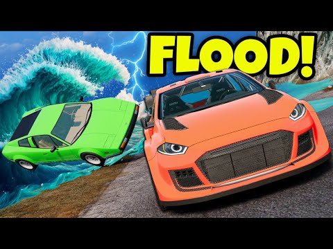 FLOOD ESCAPE Up a Mountain with the NEW RALLY CAR in BeamNG Drive Mods!