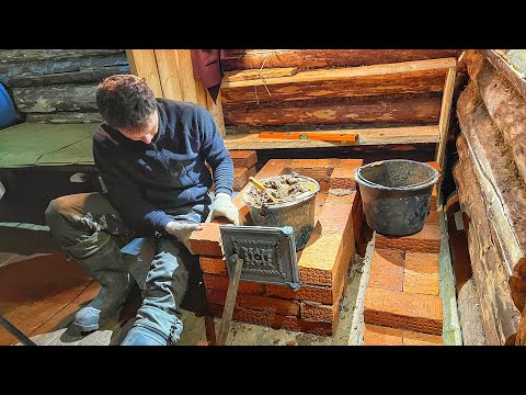 Installation of a BRICK WOOD-BURNING STOVE in a log cabin | Building an Off Grid Log Cabin