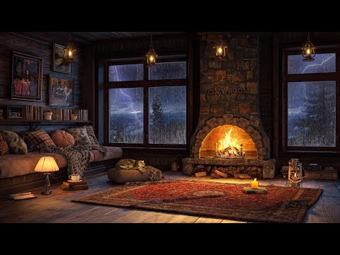 Thunderstorm Night in Cozy Room Ambience 🌩️🔥 Smooth Jazz, Crackling Fireplace & Relaxing Rain 4K