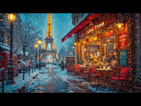 Outdoor Paris Coffee Shop Ambience with Warm Jazz Music on Winter Day & Snowfall for Work, Relax