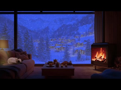 Deep Sleep In 5 Minutes With Snowstorm Sounds And Fireplace In A Warm Room, With Sleeping Cat