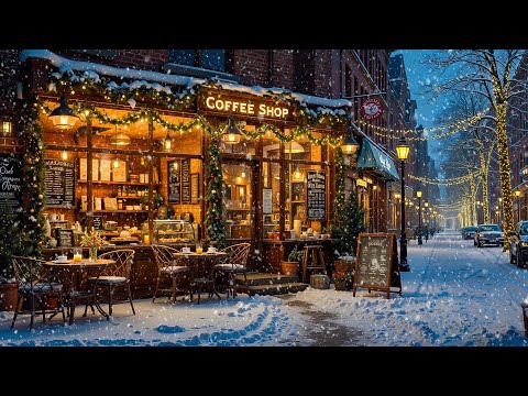 Cozy Winter Jazz Music at Outdoor Coffee Shop Ambience with Gentle Snowfall for Stress Relief ❄️