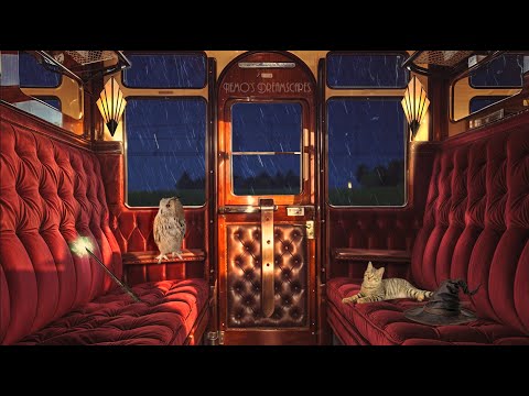 Rainy night train ride to Hogwarts w/ vintage oldies music 🌧️ Relaxing Train & Rain Sounds for Sleep