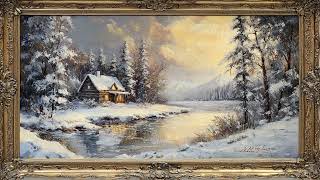 Vintage Snowy Cabin Sunset Frame | 12 Hour Art Screensaver | Chill Music