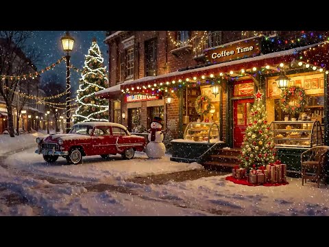 Christmas Jazz Music with Snow Falling at Christmas Coffee Shop Ambience for Stress Relief, Relaxing