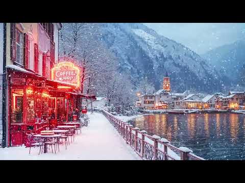 Peaceful Winter Retreat - Tranquil Winter Jazz in Snow-Covered Village - Cozy Cafe By The Lake