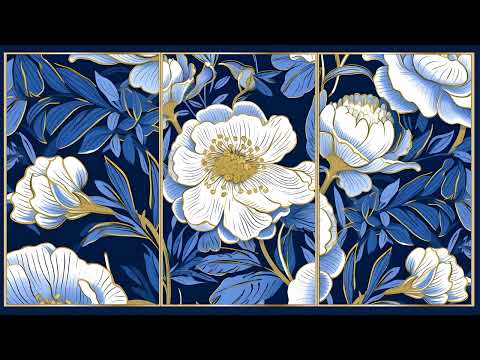 Blue and White Chinoiserie Floral Artwork, Modern Triptych Painting | Framed Art Screensaver for TV